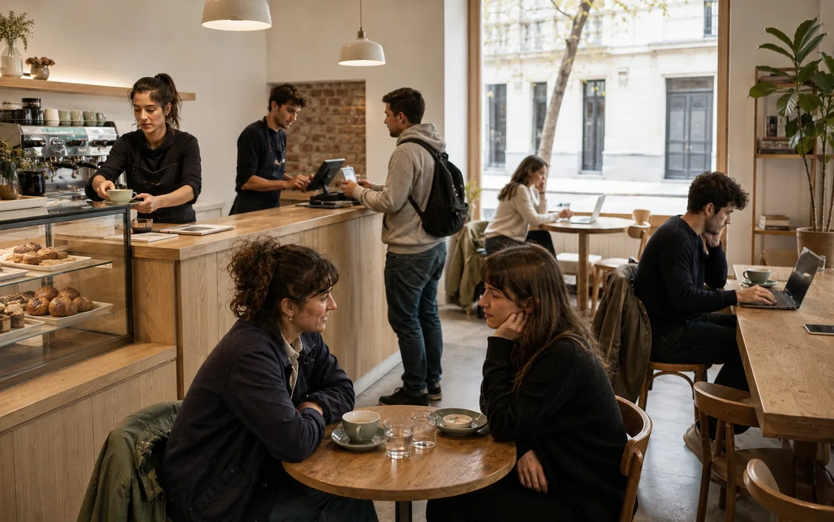 Barista sirviendo café en una cafetería de especialidad, mostrador con panificados