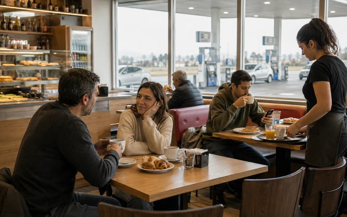 Clientes tomando café en el minimercado de una estación de servicio