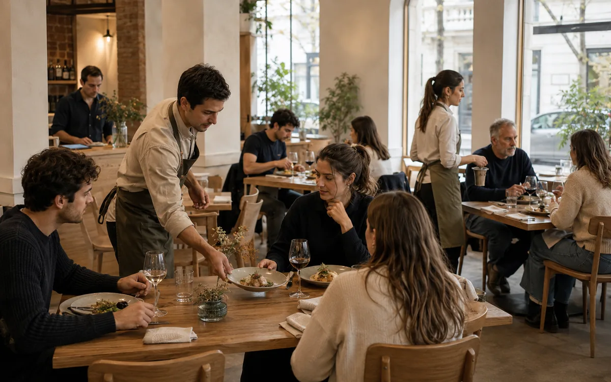 Mozo sirviendo platos en un restaurante, mesas con comensales
